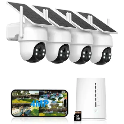 Produktbild von 4MP Überwachungskamera Aussen Solar Akku 4er Set mit HomeBase 360° Schwenk mit 2K Farb-Nachtsicht 365Tage mit 64GB Lokalspeicher Kabellos Kamera