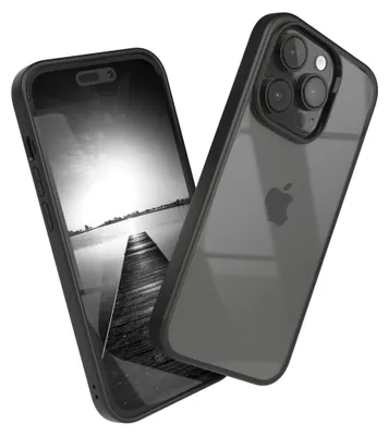 A black iPhone 14 Pro with a clear hybrid bumper case is shown from two angles, with the front screen displaying a black and white image of a pier leading into a body of water.