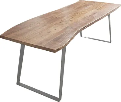 Produktbild von Esstisch Baumkante Akazie natur 220x100 silber schräges U-Gestell HOBART
