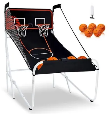 Immagine prodotto di Gioco arcade da interno - Console per basket - Pieghevole - Per 2 giocatori - 8 modalità di gioco - 2 canestri da basket - Include 5 palloni e una pompa per palloni - Bianco e nero
