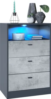 Produktbild von Vladon Kommode Pino V2,  Germany, Anrichte mit 3 Schubladen & 1 offenem Fach, Anthrazit matt/Beton Oxid Optik mit LED RGB (56 x 86,5 x 36 cm)