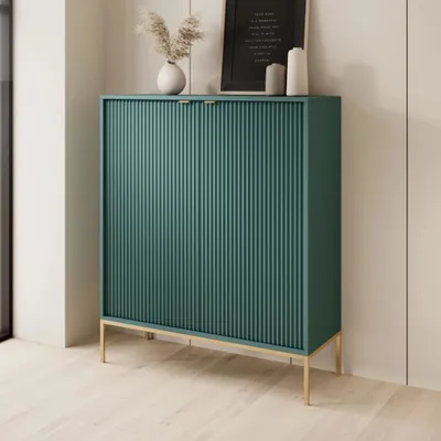 Produktbild von Highboard Kioto 104 cm Grün & Gold – Rillenfront, Goldene Griffe, 2 Türen, Soft-Close