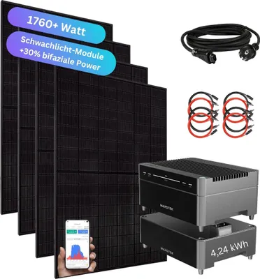 Produktbild von MYVOLTAICS Balkonkraftwerk 1760Watt mit Speicher Marstek Venus A 4,24 kW, aufrüstbar, Nulleinspeisung und Notstrom möglich, optimales Einsteigermodell ohne Aufständerung