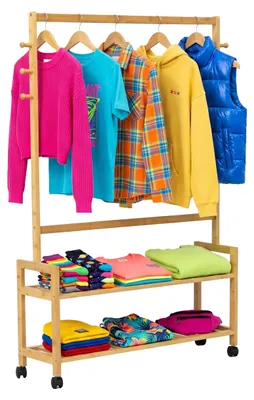 Obrázek produktu pro Relaxdays, stojan na oblečení s kolečky, bambus, 2 police, 6 háčků, výška x šířka x hloubka: 135 x 90 x 25 cm, úzká věšák, přírodní barva
