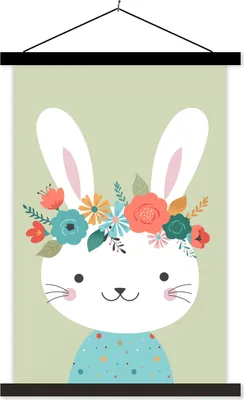 Produktbild von MuchoWow® Textilposter Kaninchen - Blumen - Tupfen 40x60 cm mit schwarzem Rahmen - Wanddekorationen