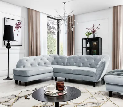 Produktbild von Ecksofa Designersofa CHARLOTTE in Stoff Matt Velvet Hellgrau Ottomane Links