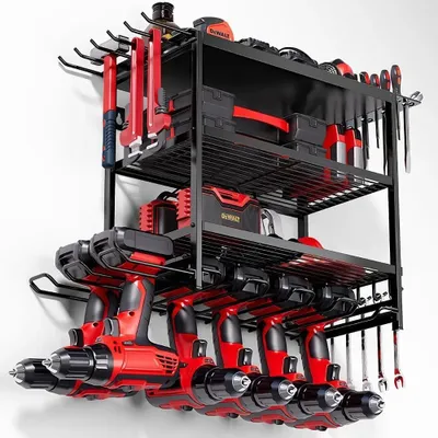Immagine prodotto di Porta-utensili da parete - Organizzatore per utensili elettrici - Scaffale portautensili in metallo resistente - Supporto per trapani a batteria - Ideale per garage e officina