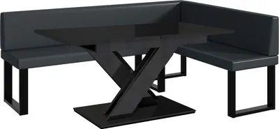Produktbild von MEBLINI Eckbank für Esszimmer mit ausziehbarem Tisch  - Küchenbank - Essecke - Sitzecke Küche - ERIC - U-Beine 142x196x87cm Rechts - Dunkelgrau Kunstleder/B Schwarz Hochgl.