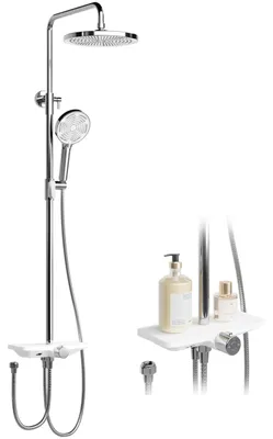 Immagine prodotto di Set doccia a pioggia - Sistema doccia da parete - Senza miscelatore - Con ripiano - Barra regolabile da 98 a 103 cm - Soffione doccia a pioggia Ø25 cm - Acciaio inossidabile - Argento