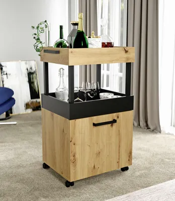 Rollwagen Barwagen HOME BAR 202 in Artisan-Eiche und Schwarz mit zwei Ablageflächen, Gesamtansicht.