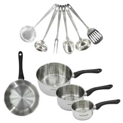 Kochset: 1 Pfanne 20 cm, 3 Töpfe, 6 Küchenhelfer, Edelstahl