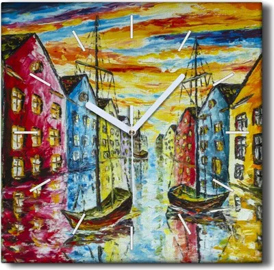Produktbild von Coloray Hodiny Unikátní 30x30 cm  Tiché hodiny Pro obývací pokoj a kuchyň Nástěnné hodiny Plátno Černé ručičky hodin - Domy