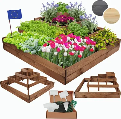 Produktbild von MODO24 Hochbeet Holz, Pflanzkasten, Massivholz, Kiefer, Kräuterbeet, Blumenkasten, Garten, Terrasse, 45x119x119 cm, Braun, ZP08