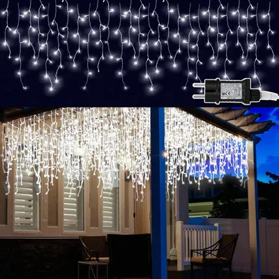 Immagine prodotto di Jayseuw 10M 200LEDs pioggia di ghiaccio catena luminosa bianco freddo, finestra tenda luminosa con 8 modalità, illuminazione natalizia festa balcone giardino decorazione