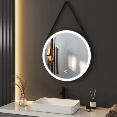 Produktbild von Heilmetz Badspiegel 60cm Rund Spiegel mit Beleuchtung IP44 Touch Schalter Lichtspiegel Schwarzem Eisenrahmen mit Gürtel LED Kaltweiß Licht Dimmbar