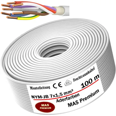 Image de 100 mètres de câble NYM-JB 7x1,5, câble pour pièces humides, câble électrique, gaine protectrice