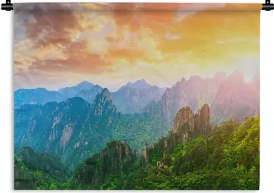Produktbild von MuchoWow® Wandteppich Wandbehang Berge - Bäume - Sonnenuntergang - Natur 90x67.5 cm Tapisserie Dekoration Wandtuch - Fototeppich - Wand-Skulpturen
