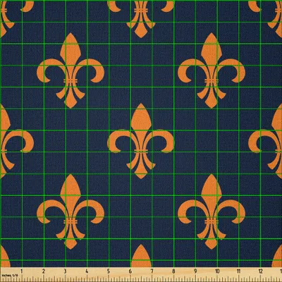 Produktbild von ABAKUHAUS Fleur De Lis Microfaser Stoff als Meterware , Blumenmuster mit spitzen Knospen und geschwungenen Blättern Antike Westernmotive, 5 M (230 x 500 cm), Indigo orange