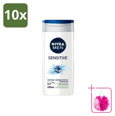 Immagine prodotto di 10 flaconi di gel doccia NIVEA MEN Sensitive, idratante, 250 ml, confezione risparmio, 10 pezzi