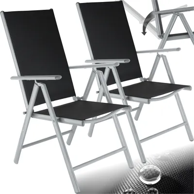Two black folding garden chairs with silver frames are shown from the front.