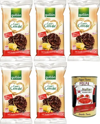 Produktbild von Gullon Cuor di Cereale Gallette di Mais Ricoperte di Cioccolato Fondente Cuor di Cereal Maiskuchen mit dunkler Schokolade überzogen 5x100gr + Italian Gourmet polpa 400g