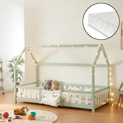 Obrázok produktu pre Detská posteľ "Sisimiut" v domácom vzhľade s matracom a ochranou proti vypadnutiu borovicové drevo 90 x 200 cm Mätová / Biela