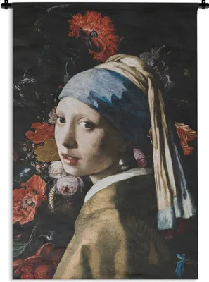 Produktbild von MuchoWow® Wandteppich Wandbehang Mädchen mit Perlenohrring - Johannes Vermeer - Blumen - Rot 120x180 cm Tapisserie Dekoration Wandtuch - Schlafzimmer - Dekorationen für das Haus