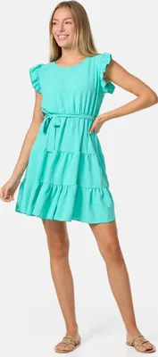Produktbild von PM SELECTED Feminines Damen Mini Rüschenkleid mit Gürtel, Rundhalsausschnitt und Flügelärmeln PM27 Türkis Grün Einheitsgröße Gr. 34 - 38