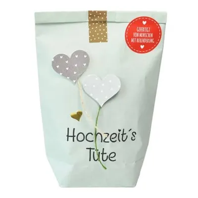 A light blue paper bag with heart decorations and text.