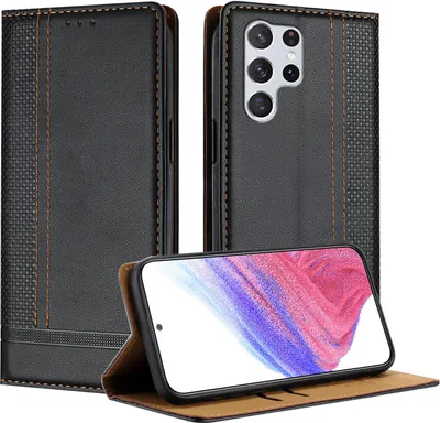 Produktbild von Handyhülle für Samsung Galaxy S22 Ultra 5G Leder Flip Klappbare Schutzhülle mit Standfunktion Schwarz