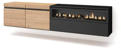 TV-Möbel Lowboard 200x45x35 cm, Eiche/Schwarz, elektrischer Kamin