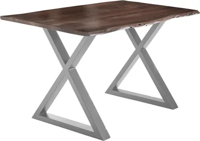 Produktbild von Esstisch Baumkante massiv Akazie nussbaum 180 x 90 silber X-Gestell LUBIN