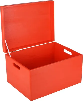 An open red wooden storage box with a lid.