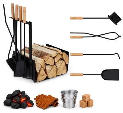 Produktbild von Relaxdays Kaminholzkorb Metall, mit 4 tlg. Kaminbesteck, Schaufel, Besen, Zange & Schürhaken, für innen, modern, schwarz, KI-generiertes Bild