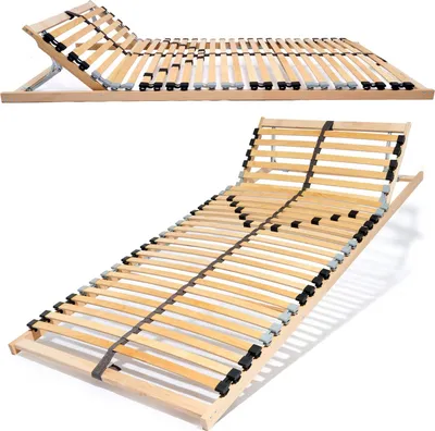 Two images of a wooden slatted bed base, one showing it in a slightly raised position with a metal support, and the other showing it fully extended.