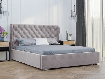 Obrázok produktu pre GRAINGOLD Čalúnená posteľ 200x200 Florencia - Podstavec pod posteľ a lamelový rošt - Čelo postele Chesterfield - Sivé (Vogue 14)