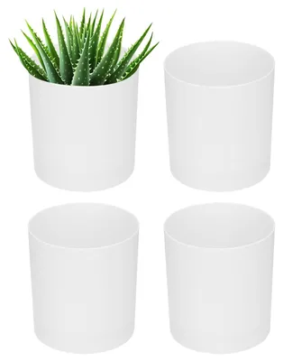 Productafbeelding van Set van 4 plastic bloempotten, 10 cm, met afvoergaten en onderzetters, wit