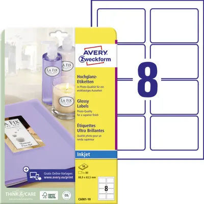 Produktbild von Avery Zweckform C6081-10 Hochglanz-Etiketten, A4, 88,9 x 63,5 mm, 10 Bogen/80 Etiketten, weiß