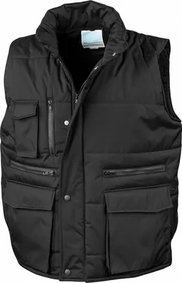 A black men's vest is shown against a white background.