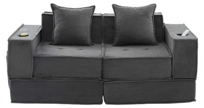 Produktbild von Modernes 2-Sitzer Pouf-Sofa mit Fußhocker & Stauraum, Getränkehalter, Cord dunkelgrau – perfekt für Leseecke & Familie