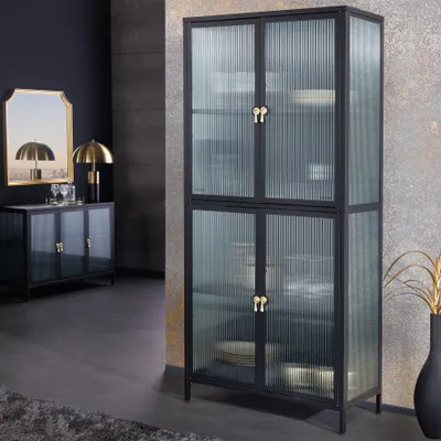 Produktbild von riess-ambiente Moderne Vitrine AMSTERDAM 180cm schwarz gold Riffelglas Metall Highboard Schrank
