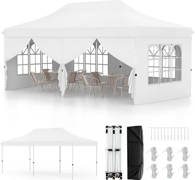 A white pop-up tent with tables and chairs inside, and a separate display of the tent components and accessories.