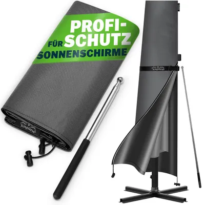 Produktbild von KINGSLEEVE® Sonnenschirm Abdeckung bis Ø 350 cm mit Stab Winterfest Wetterfest Robust Reißfest Groß Wasserabweisend Schutzhülle Plane Abdeckplane Grau