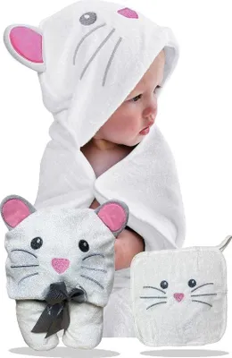 Produktbild von Unyqoos® Baby-Kapuzenhandtuch 90×100 cm, 100% Viskose (Bambuszellulose) 500 g/m², Weiß mit 3D‑Maus, inkl. 25×25 cm Waschlappen, ab 0 Monaten, 1 Druckknopf (2‑fach verstellbar)