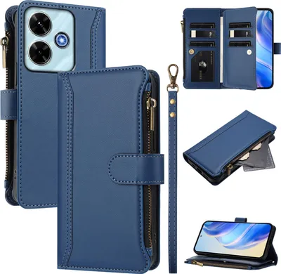 Obrázek produktu pro Pouzdro pro Xiaomi Poco M6 4G/Redmi 13/Redmi 13 5G, zipem, peněženkovéPolyuretankožené flip pouzdro s kapsami na karty, stojánkem a poutkem na ruku modrý
