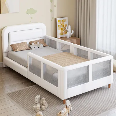 Immagine prodotto di Letto a piattaforma 90x200, imbottito, con sponde di sicurezza, sicuro e confortevole (bianco)