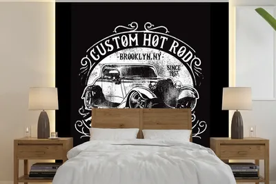 Produktbild von MuchoWow® Fototapete für Wohnzimmer oder Schlafzimmer Wandtapete Vinyl Motivtapete Mancave - Auto - Retro - Schwarz - Weiß - 300x300 cm - Wanddekoration