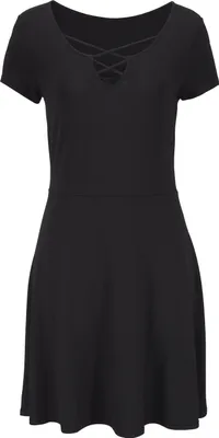 Produktbild von LASCANA Sommerkleid mit Zierbändern am Ausschnitt, Kurzarmkleid schwarz Größe 38