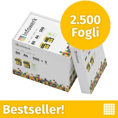 Immagine prodotto di NUOVO: Infowerk Carta per stampanti e fotocopie 2500 fogli 5 x 500 A4 Premium Bianco brillante CIE 160 Vincitrice del test Certificata PEFC