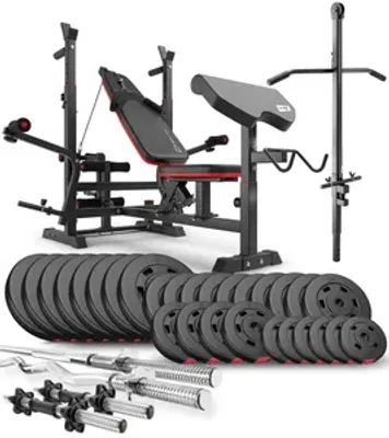 Produktbild von Hop-Sport multifunktionale Hantelbank HS-1075 - mit Curlpult und Latzug - inkl. 165 KG Hantelset Lang-, Curl- & Kurzhantelstange, Gewichte